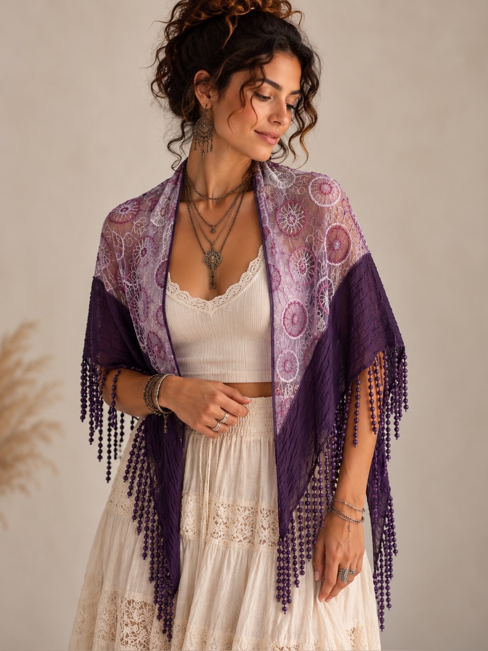 Purple Embroidered Crochet Fringe Boho Shawl Scarf